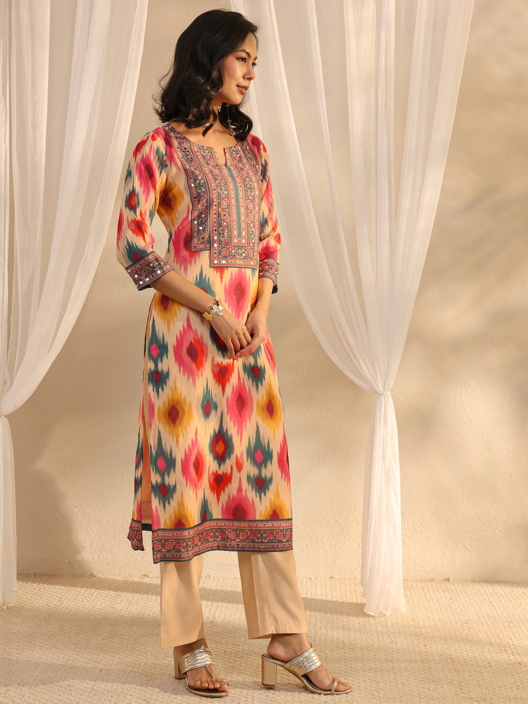  Multi Coloured Printed Cotton Blend Straight Suit Set With Dupatta 