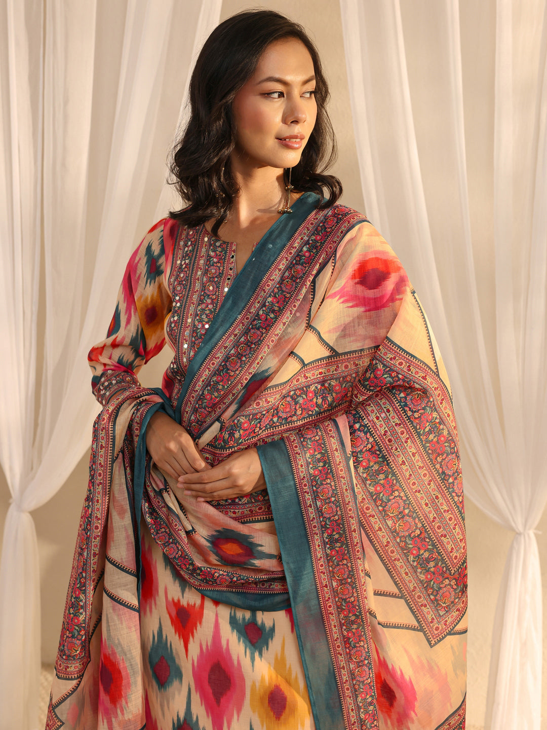  Multi Coloured Printed Cotton Blend Straight Suit Set With Dupatta 