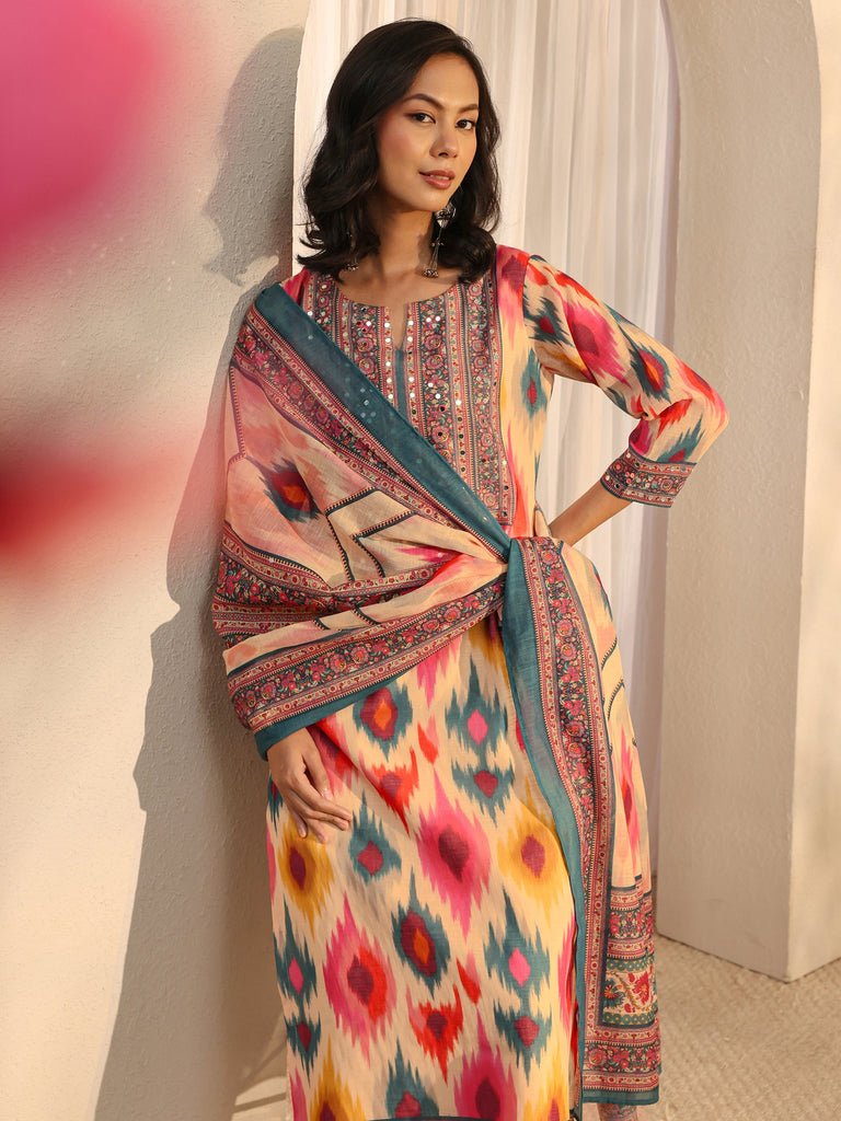 Libas Multi Coloured Printed Cotton Blend Straight Suit Set With Dupatta