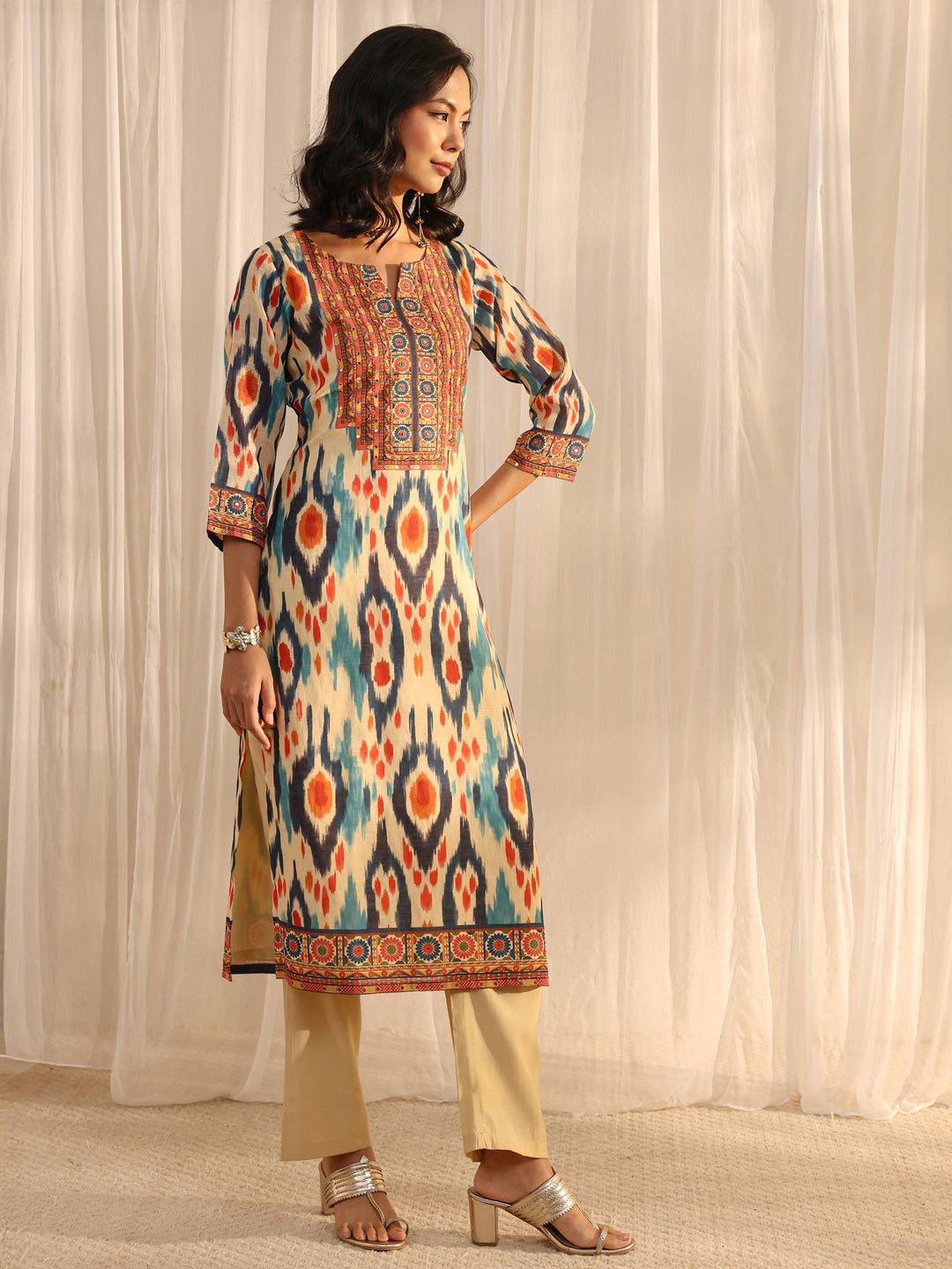  Multi Coloured Printed Cotton Blend Straight Suit Set With Dupatta 