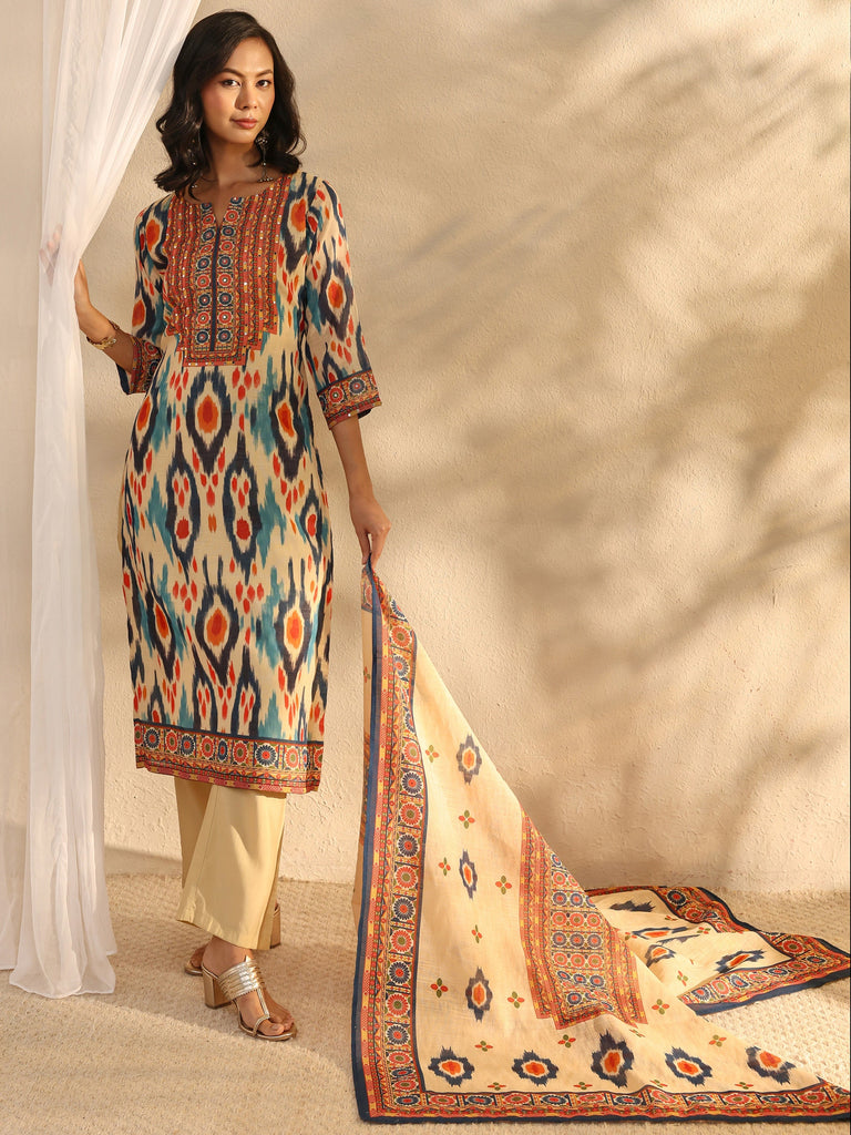 Libas Multi Coloured Printed Cotton Blend Straight Suit Set With Dupatta