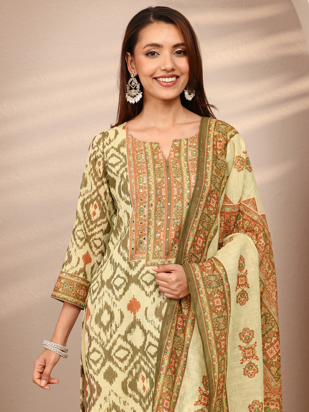  Green Printed Cotton Blend Straight Suit Set With Dupatta 