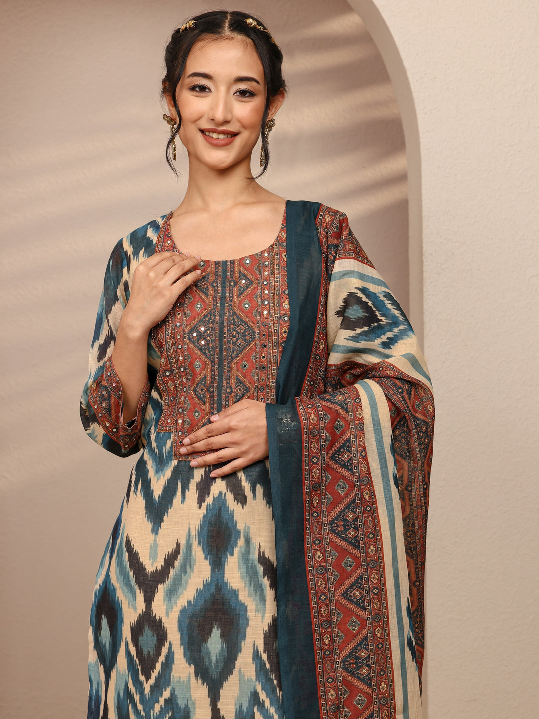  Blue Abstract Printed Cotton Blend Straight Suit Set With Dupatta 
