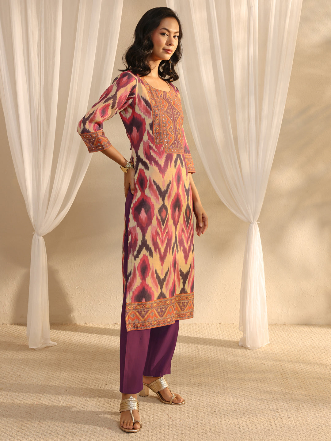  Multi Coloured Printed Cotton Blend Straight Suit Set With Dupatta 