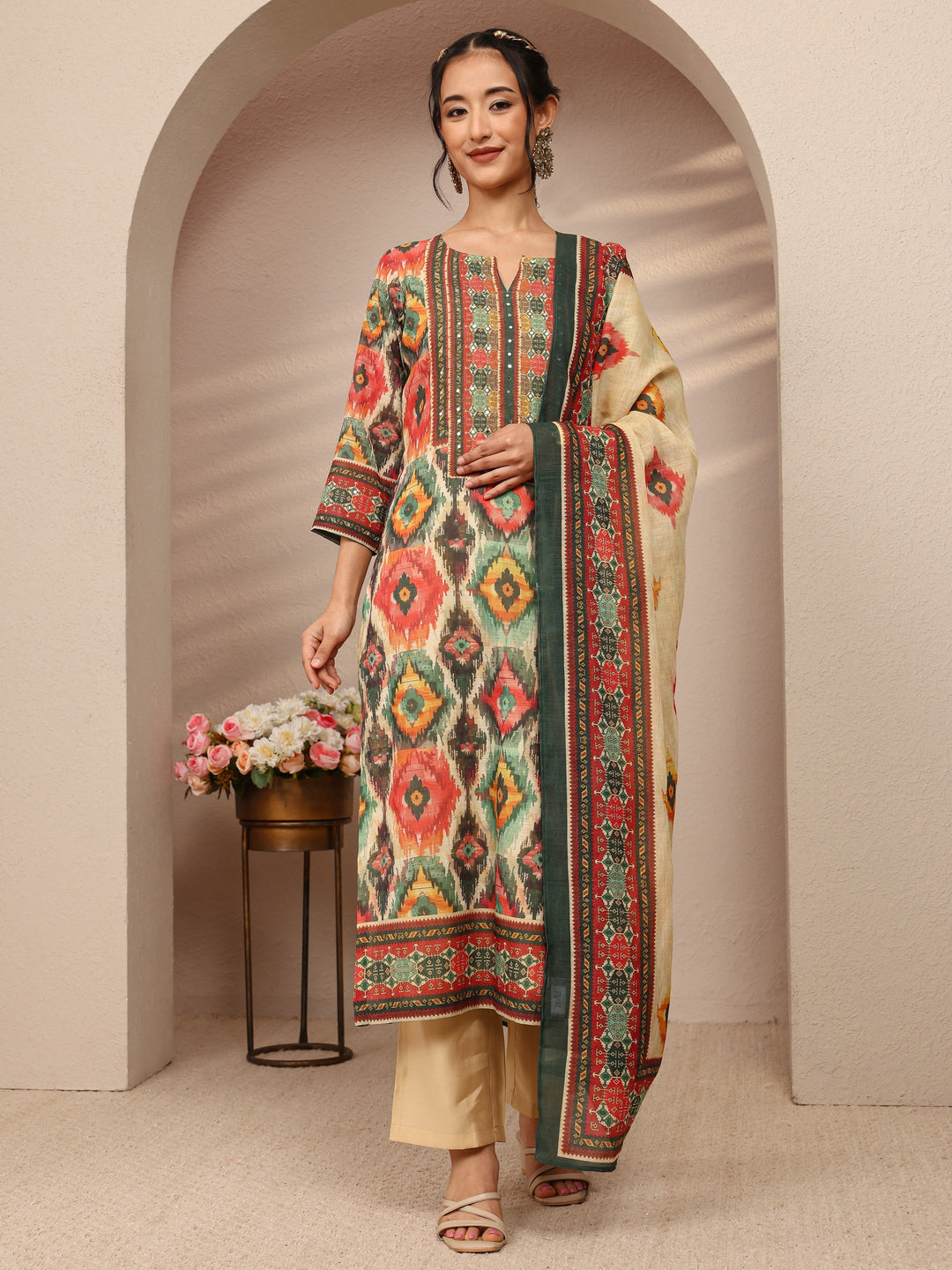  Multi Abstract Printed Cotton Blend Straight Suit Set With Dupatta 