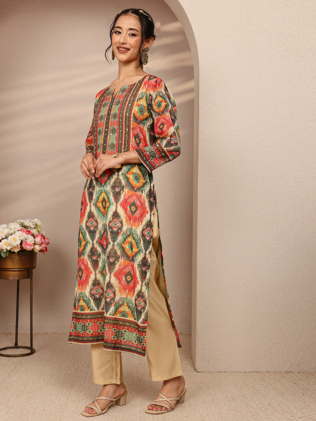  Multi Abstract Printed Cotton Blend Straight Suit Set With Dupatta 