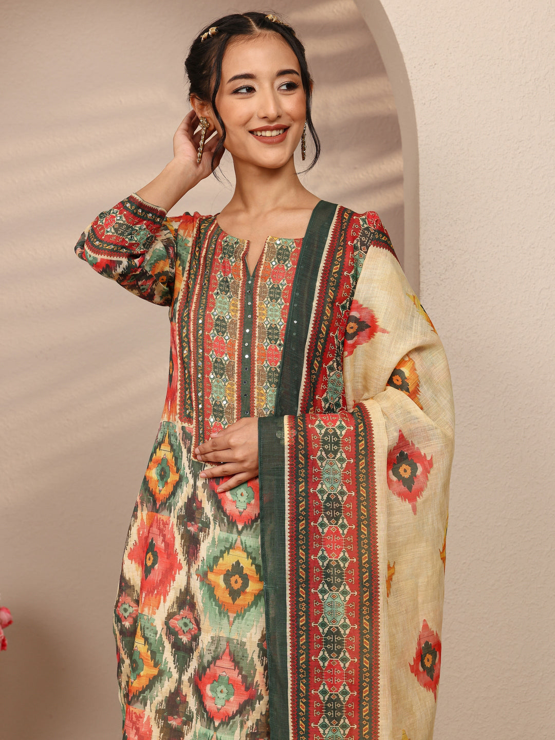  Multi Abstract Printed Cotton Blend Straight Suit Set With Dupatta 