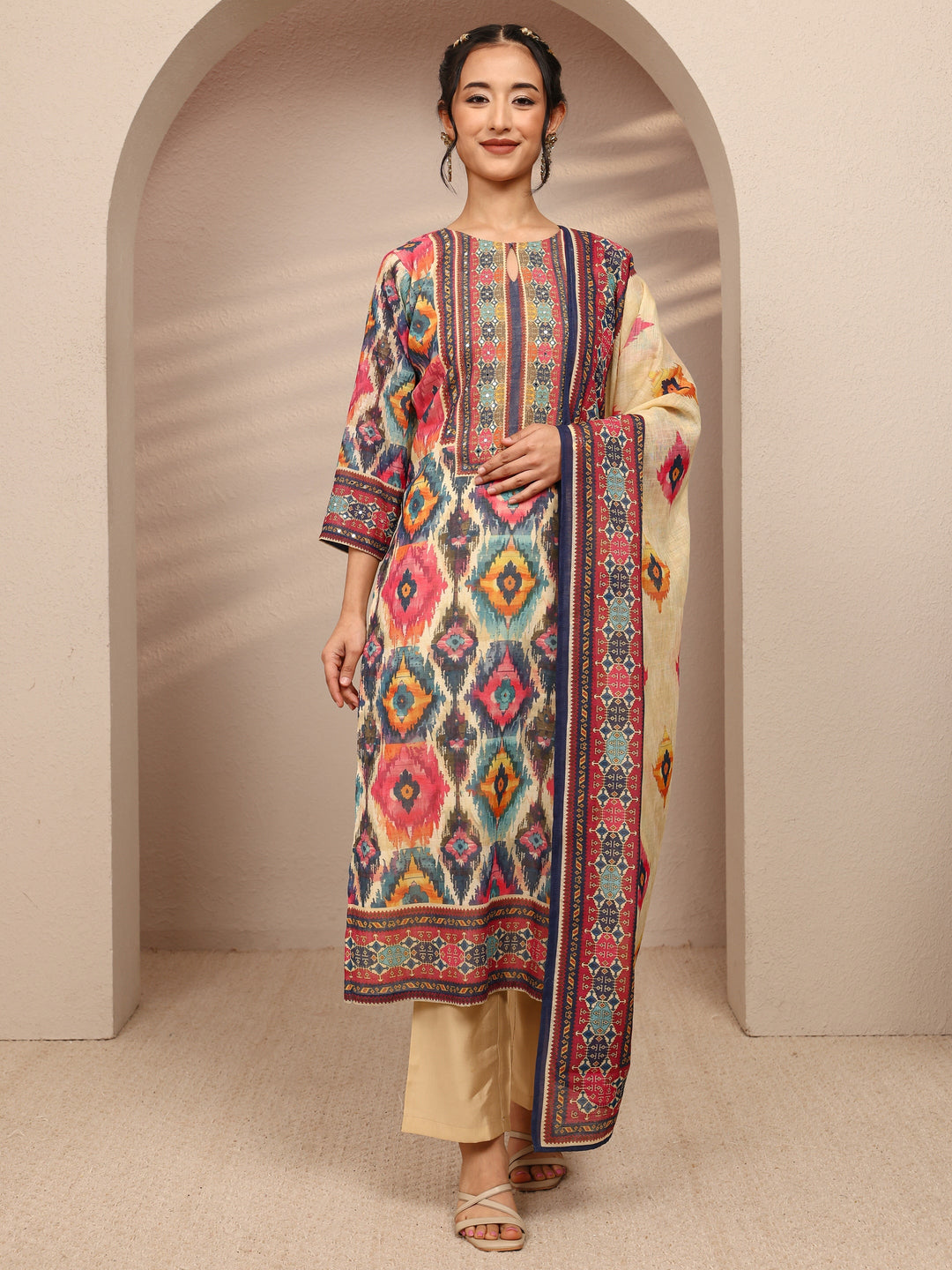  Multi Abstract Printed Cotton Blend Straight Suit Set With Dupatta 