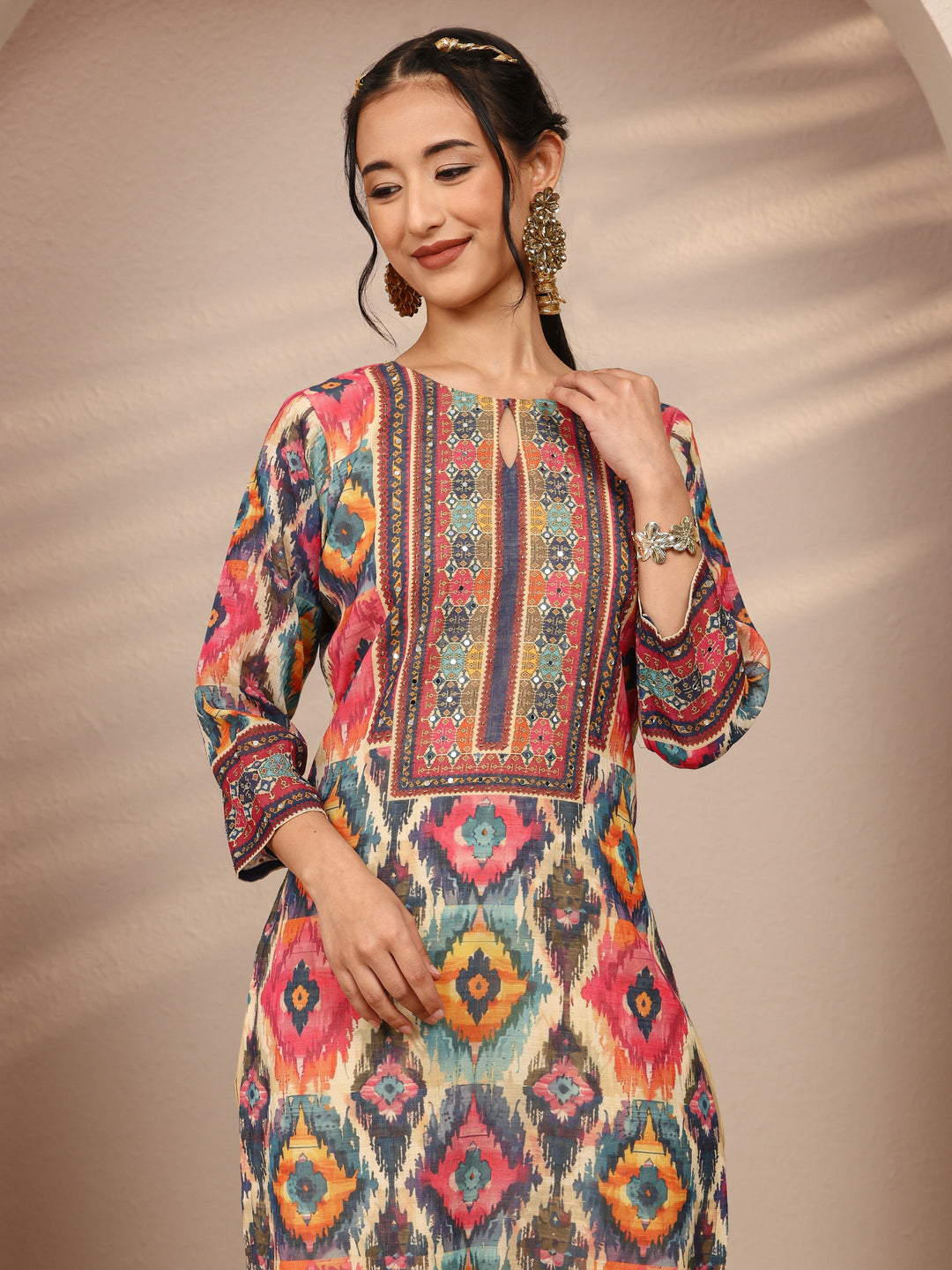 Multi Abstract Printed Cotton Blend Straight Suit Set With Dupatta 