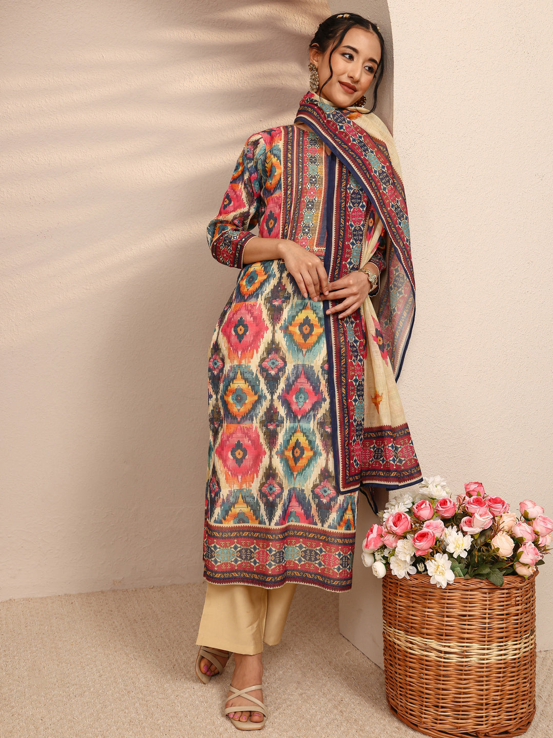 Multi Abstract Printed Cotton Blend Straight Suit Set With Dupatta 