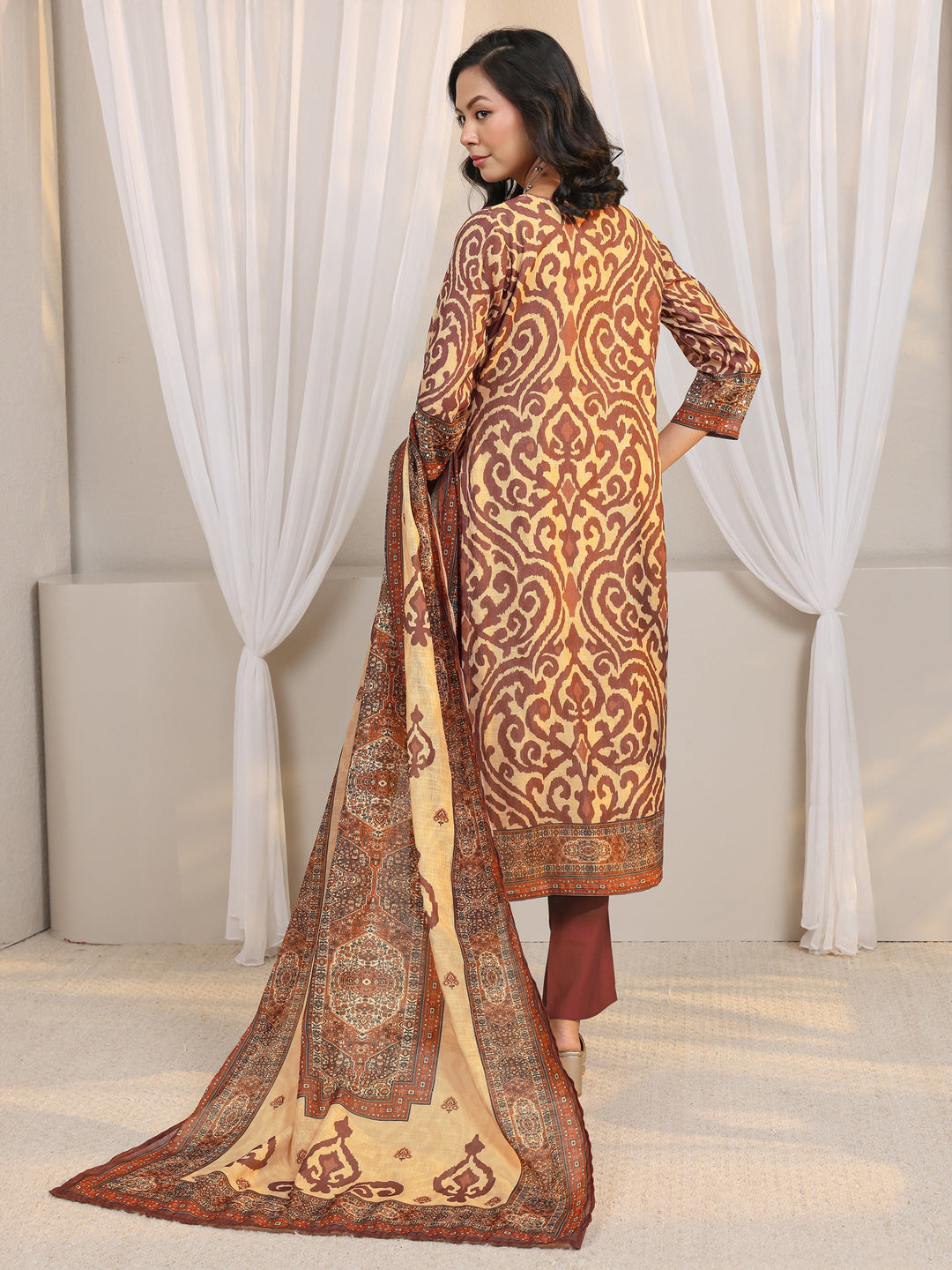  Beige Abstract Printed Cotton Blend Straight Suit Set With Dupatta 