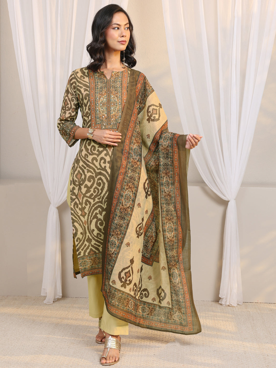  Beige Abstract Printed Cotton Blend Straight Suit Set With Dupatta 
