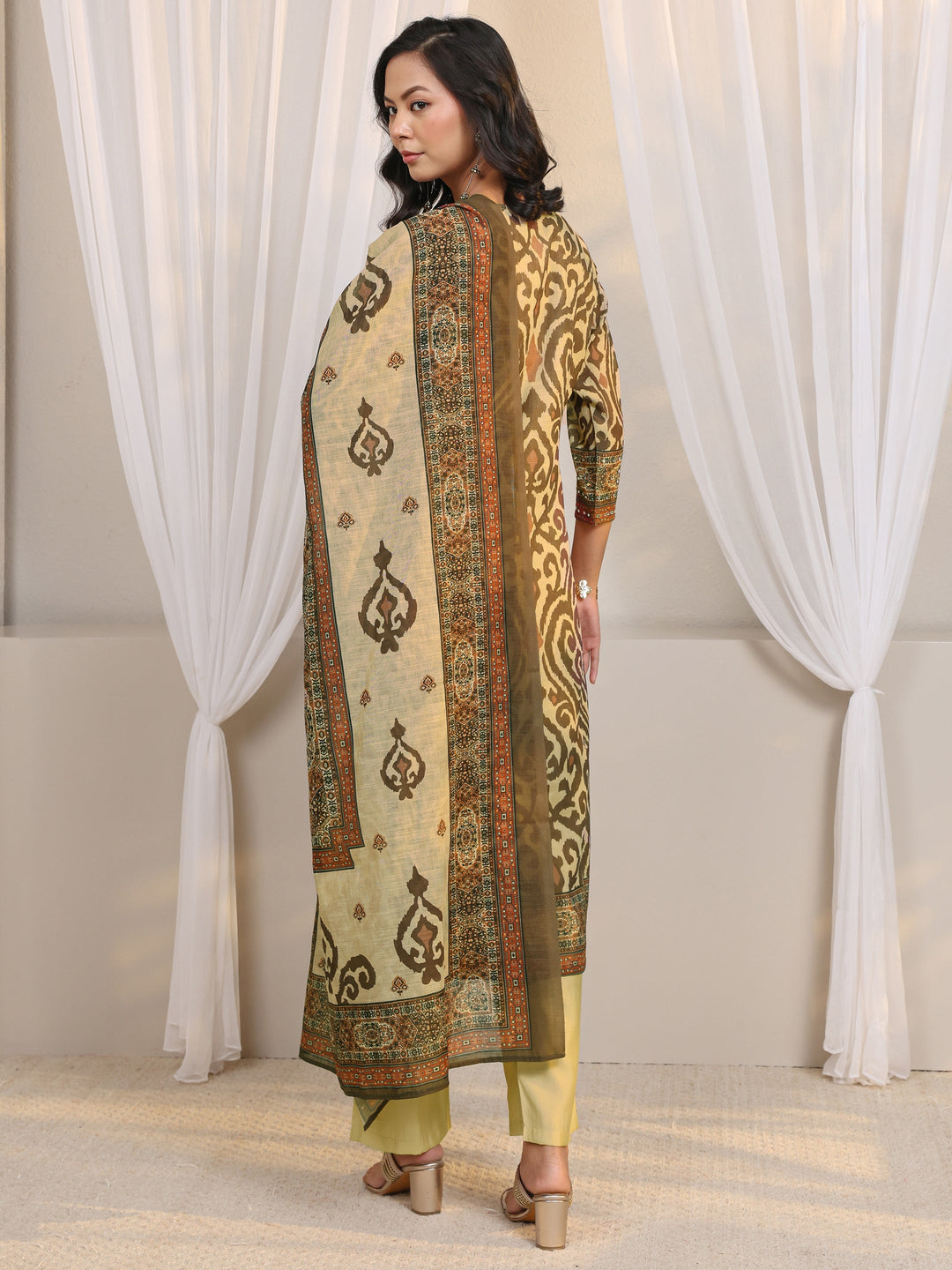  Beige Abstract Printed Cotton Blend Straight Suit Set With Dupatta 
