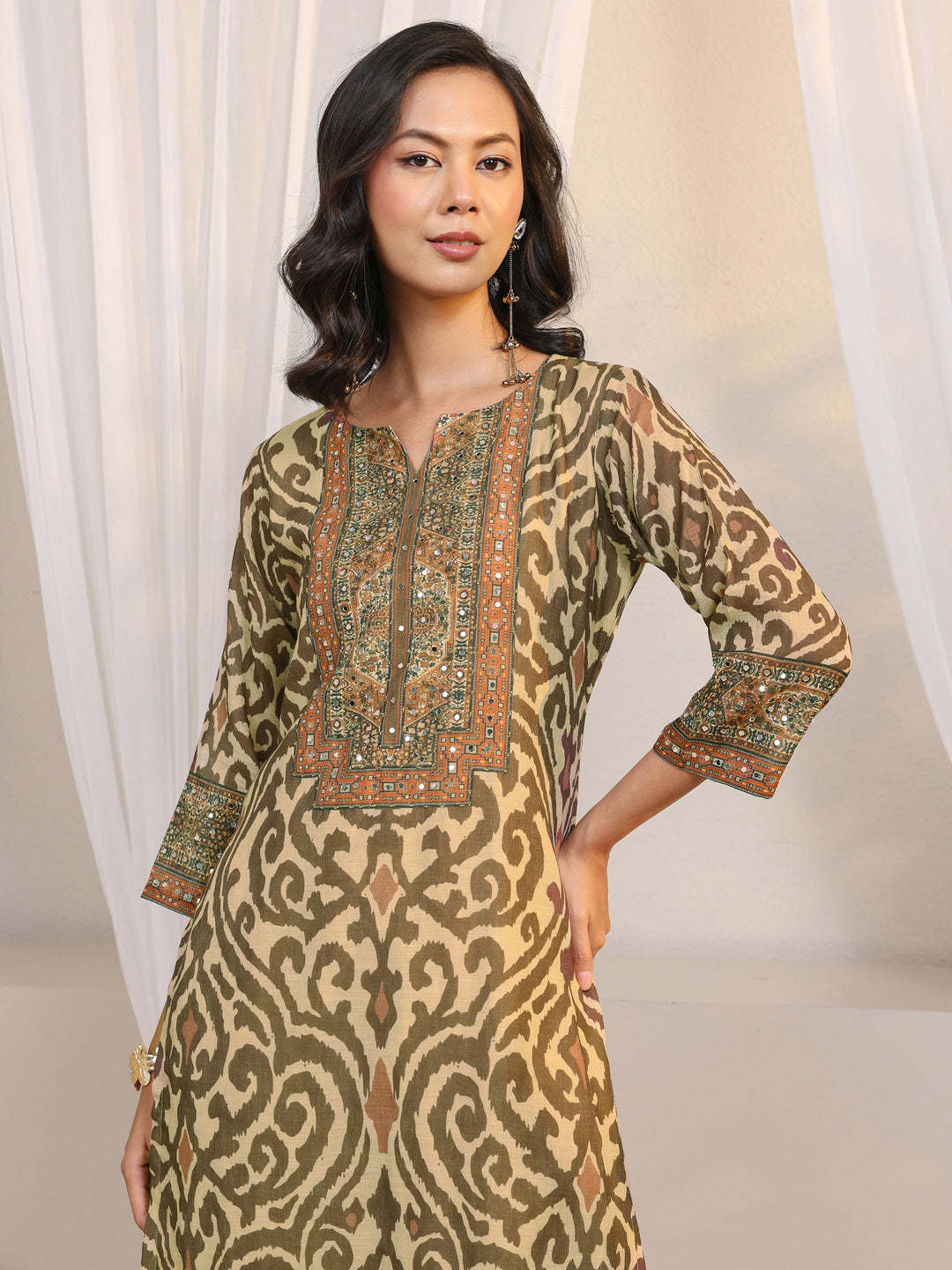  Beige Abstract Printed Cotton Blend Straight Suit Set With Dupatta 
