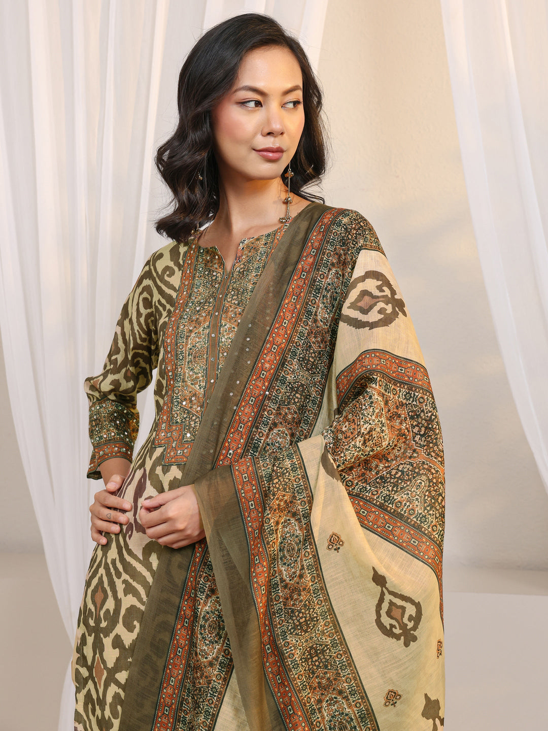  Beige Abstract Printed Cotton Blend Straight Suit Set With Dupatta 