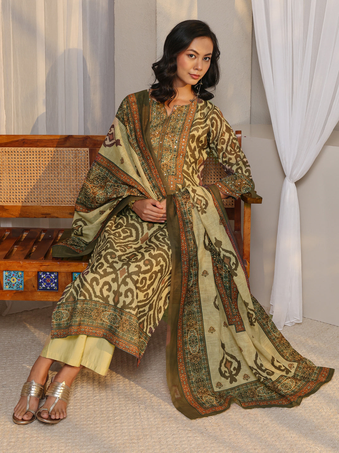 Beige Abstract Printed Cotton Blend Straight Suit Set With Dupatta 
