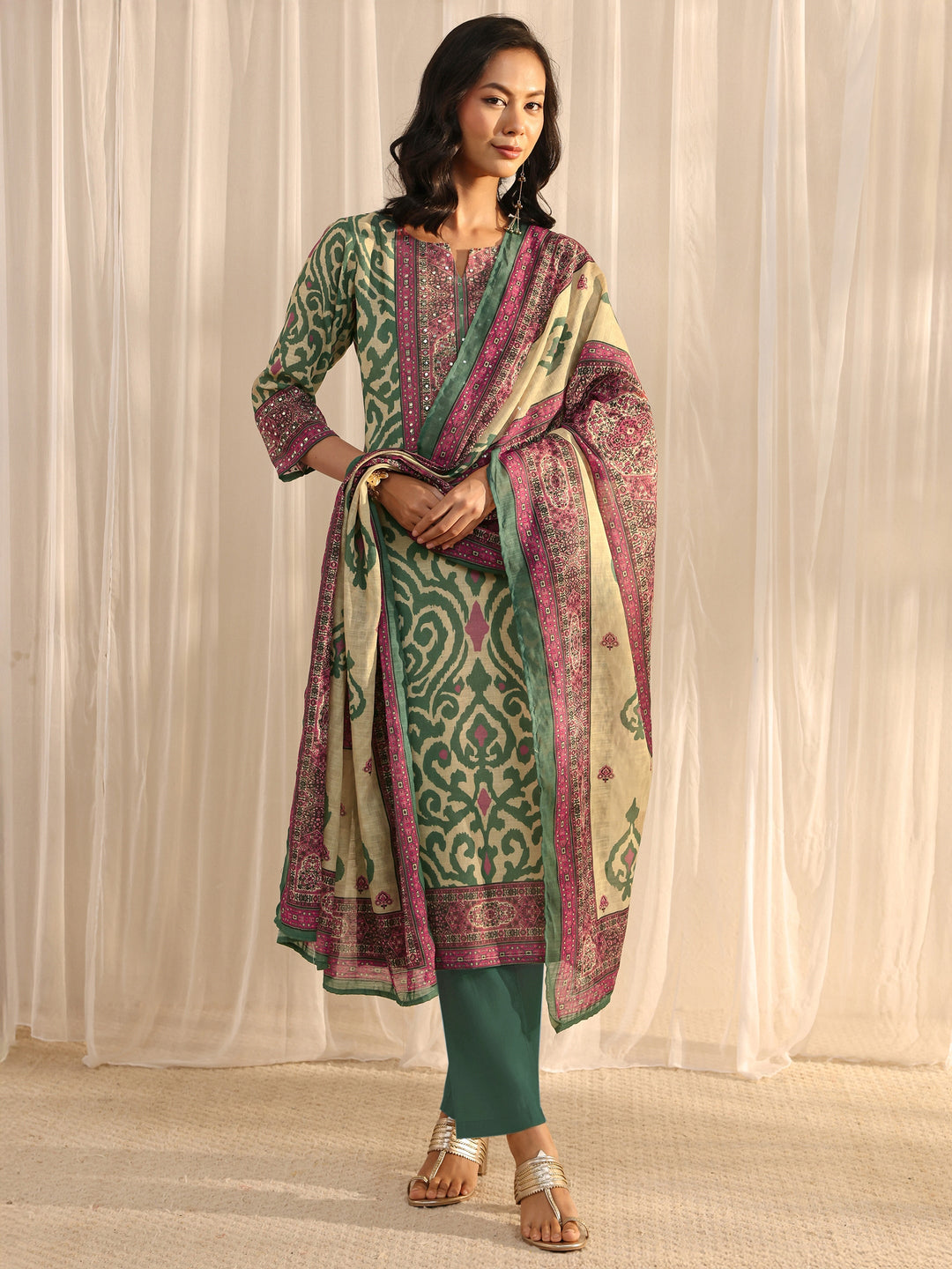  Beige Abstract Printed Cotton Blend Straight Suit Set With Dupatta 
