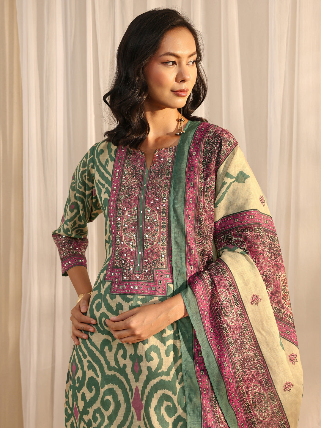  Beige Abstract Printed Cotton Blend Straight Suit Set With Dupatta 