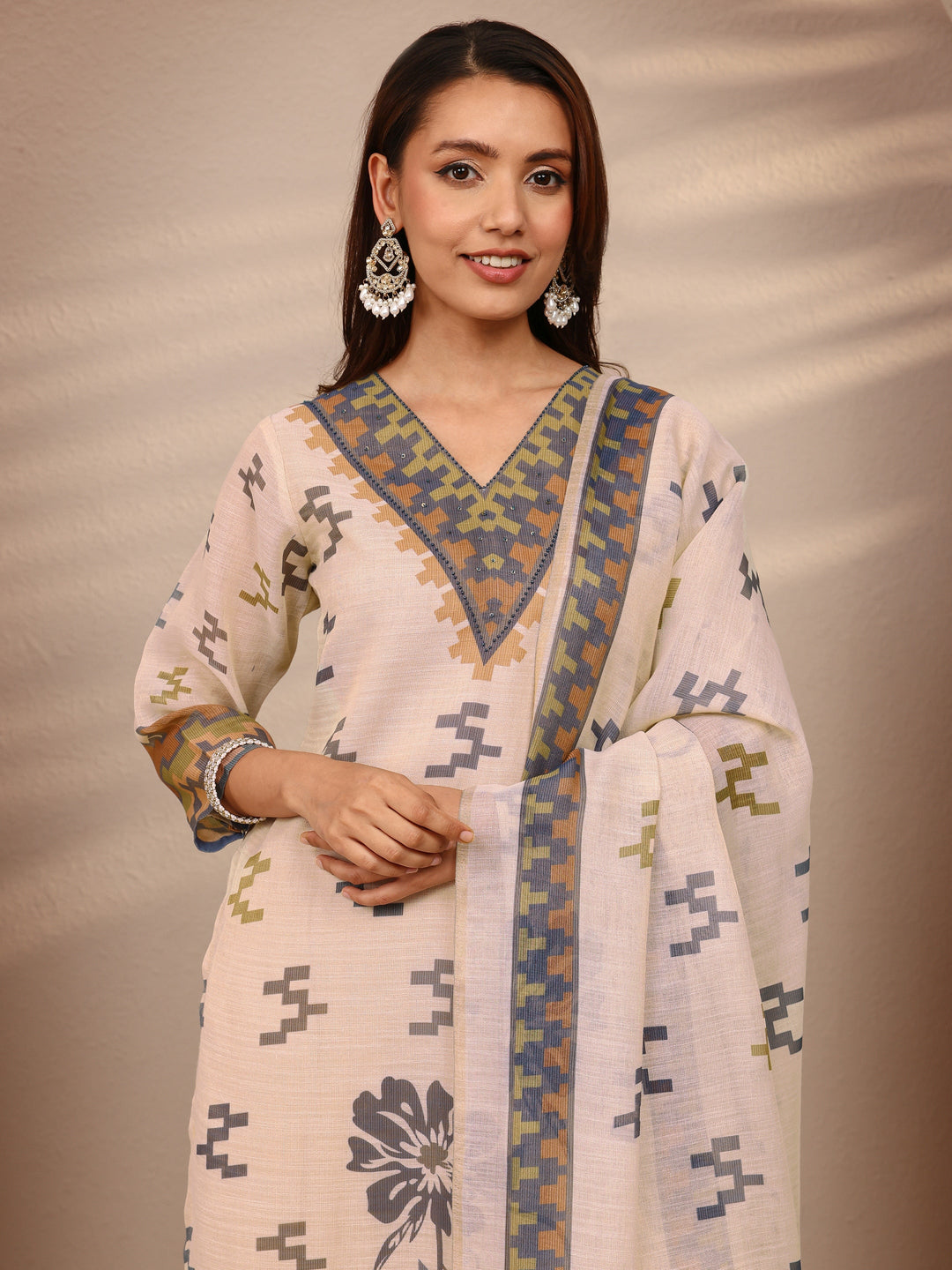  Beige Multi Printed Silk Blend Straight Suit Set With Dupatta 