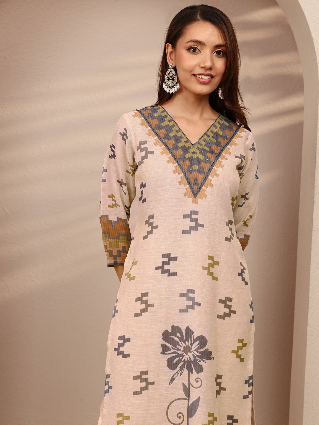  Beige Multi Printed Silk Blend Straight Suit Set With Dupatta 