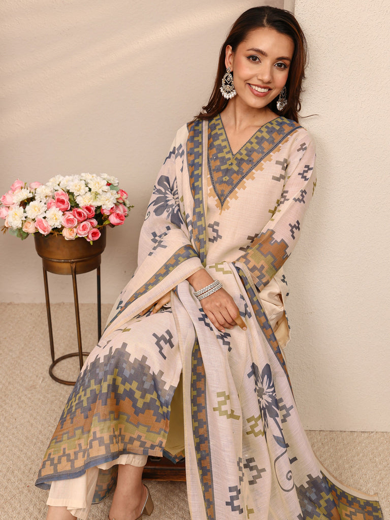 Libas Beige Multi Printed Silk Blend Straight Suit Set With Dupatta