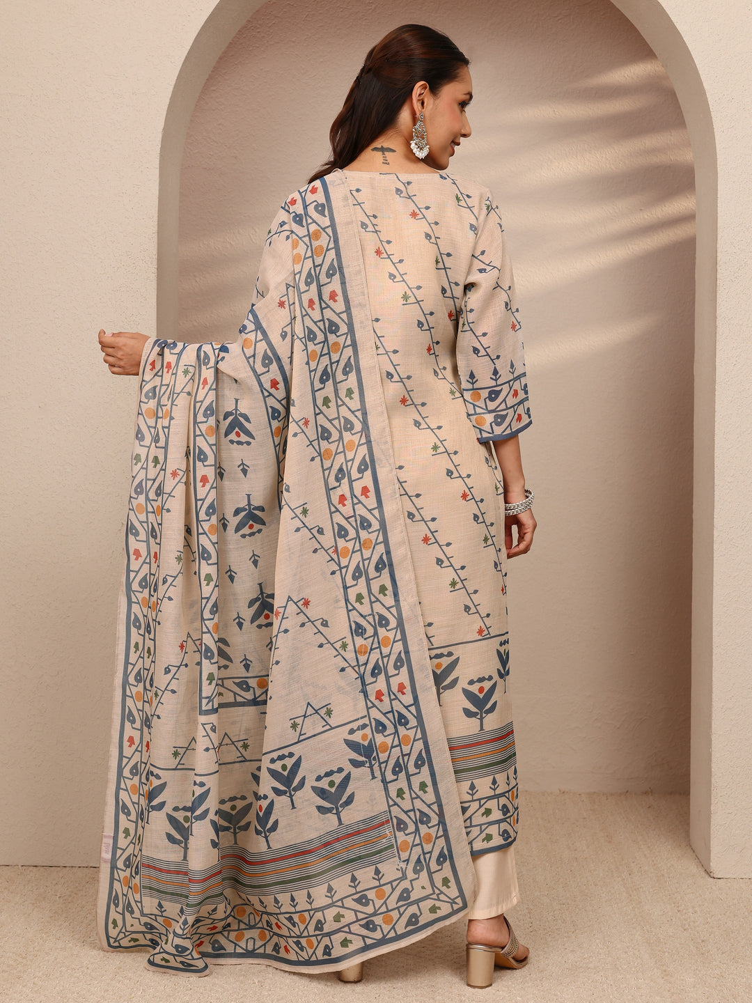  Beige Multi Printed Silk Blend Straight Suit Set With Dupatta 