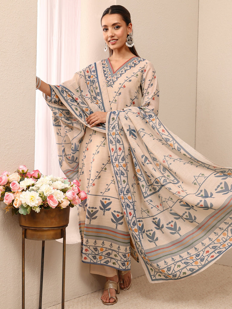 Libas Beige Multi Printed Silk Blend Straight Suit Set With Dupatta
