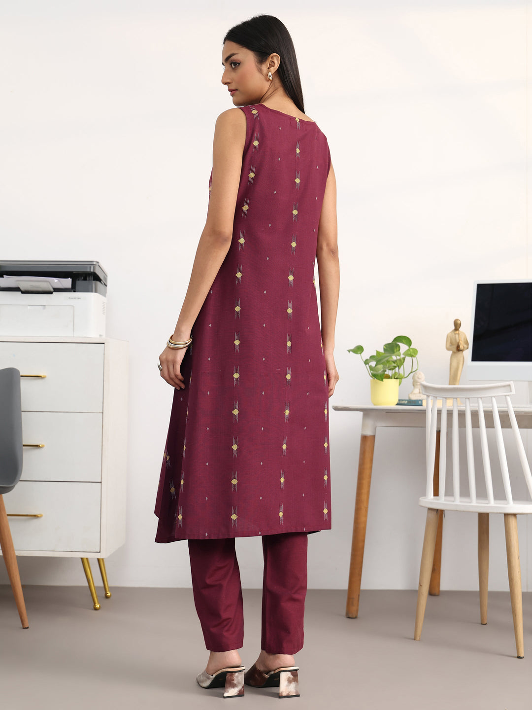 Maroon Ethnic Motifs Woven Design Cotton Blend A-Line Kurta Set 