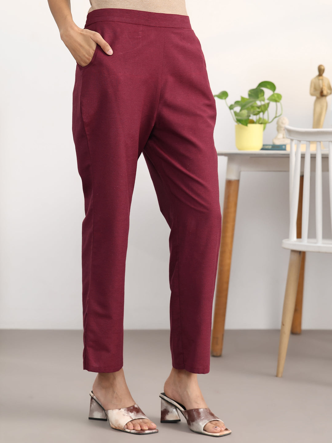  Maroon Ethnic Motifs Woven Design Cotton Blend A-Line Kurta Set 