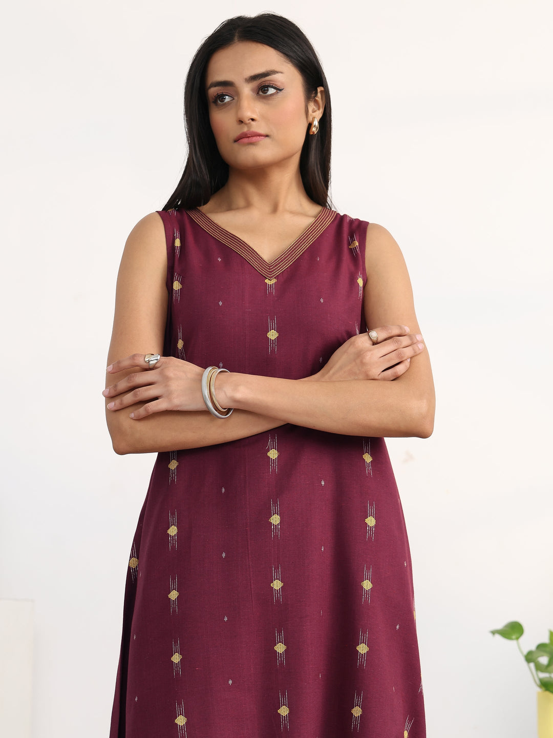  Maroon Ethnic Motifs Woven Design Cotton Blend A-Line Kurta Set 