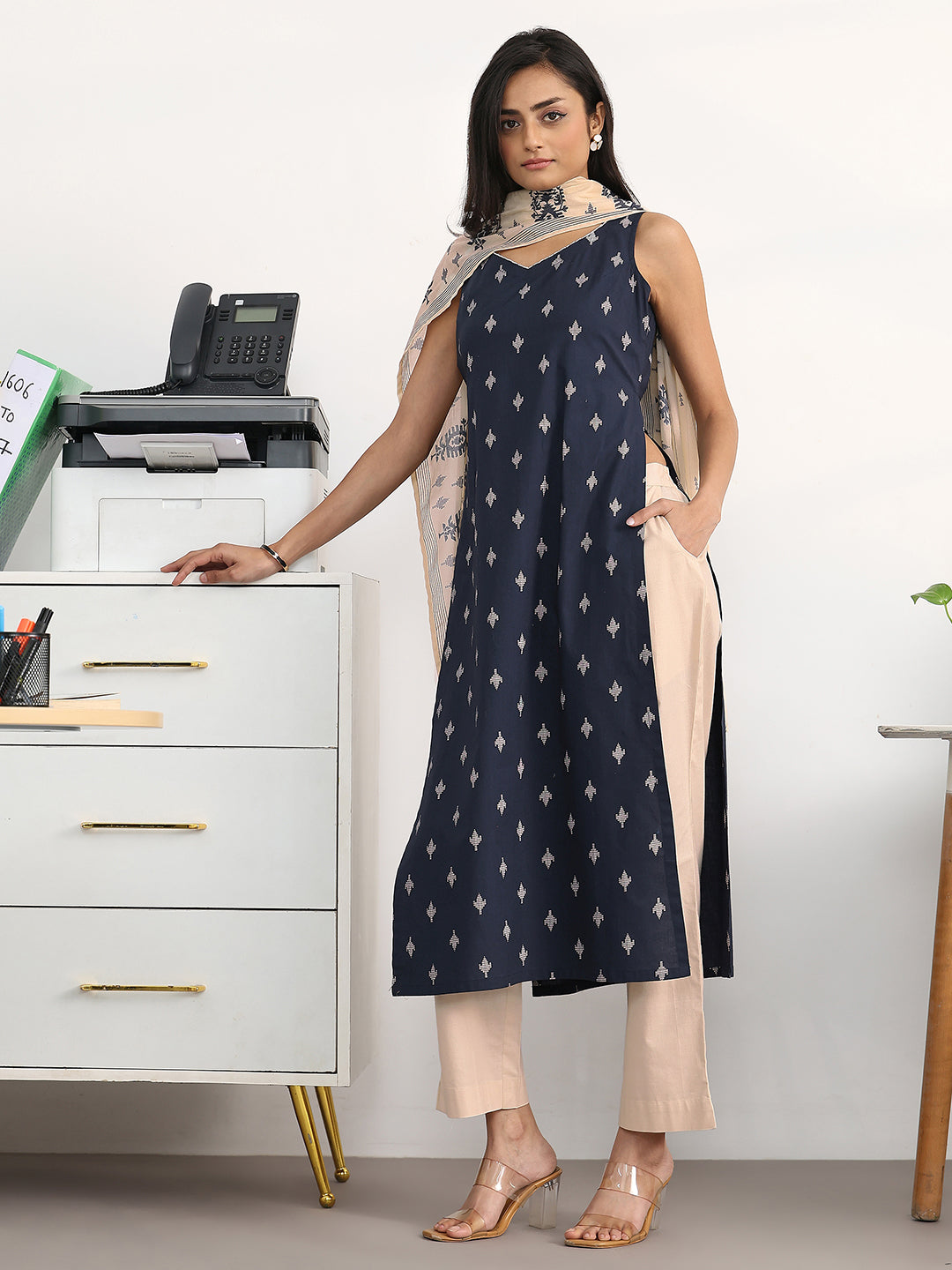 Libas Navy Blue Ethnic Motifs Woven Design Cotton Blend A-Line Kurta Set