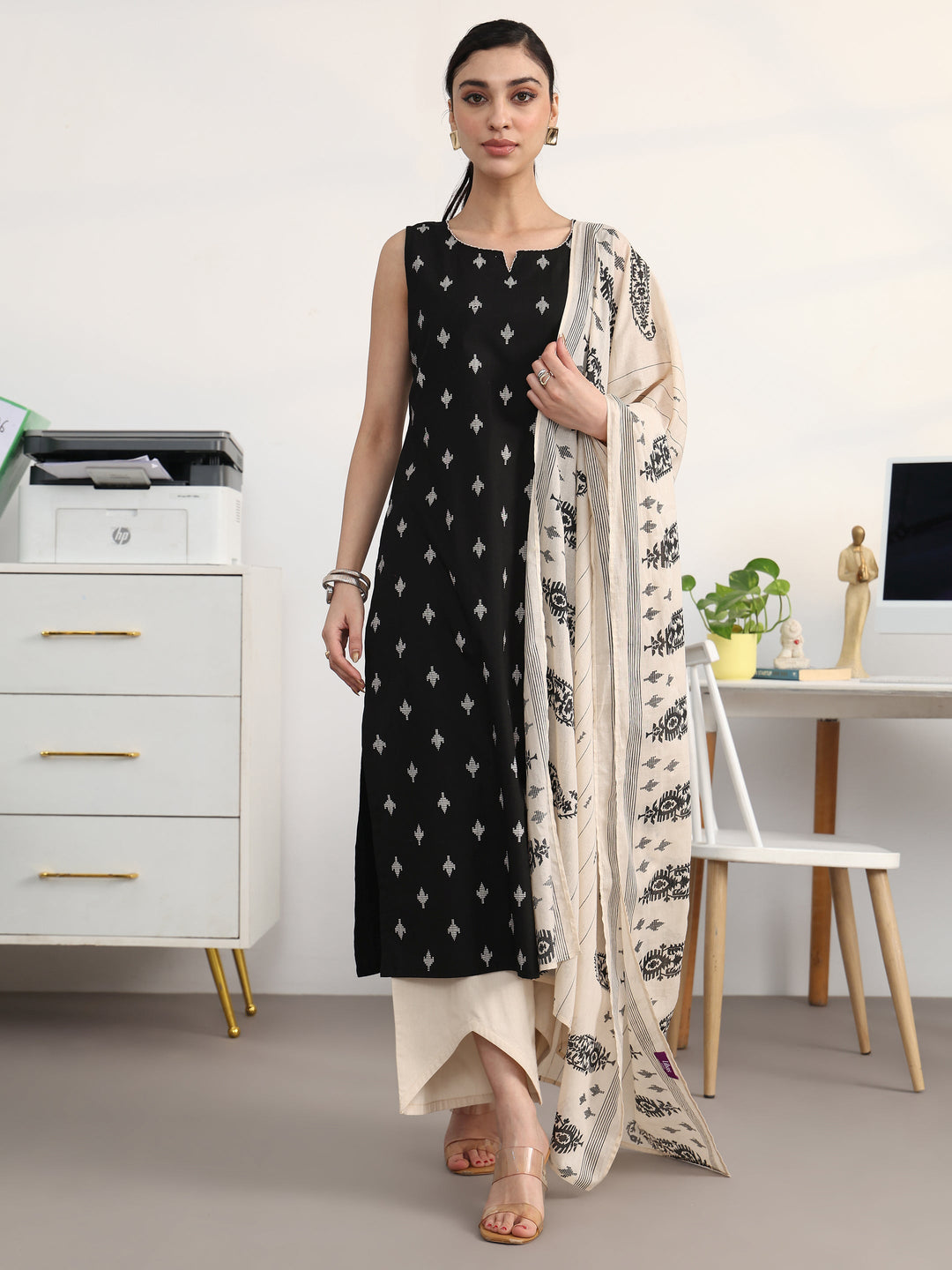  Black Ethnic Motifs Printed Cotton Blend Straight Suit Set With Dupatta 