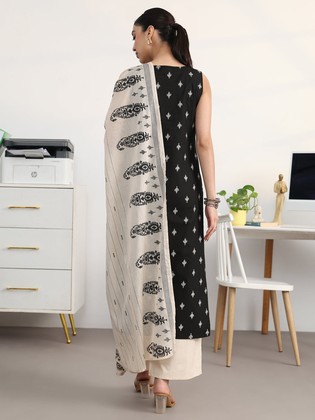  Black Ethnic Motifs Printed Cotton Blend Straight Suit Set With Dupatta 