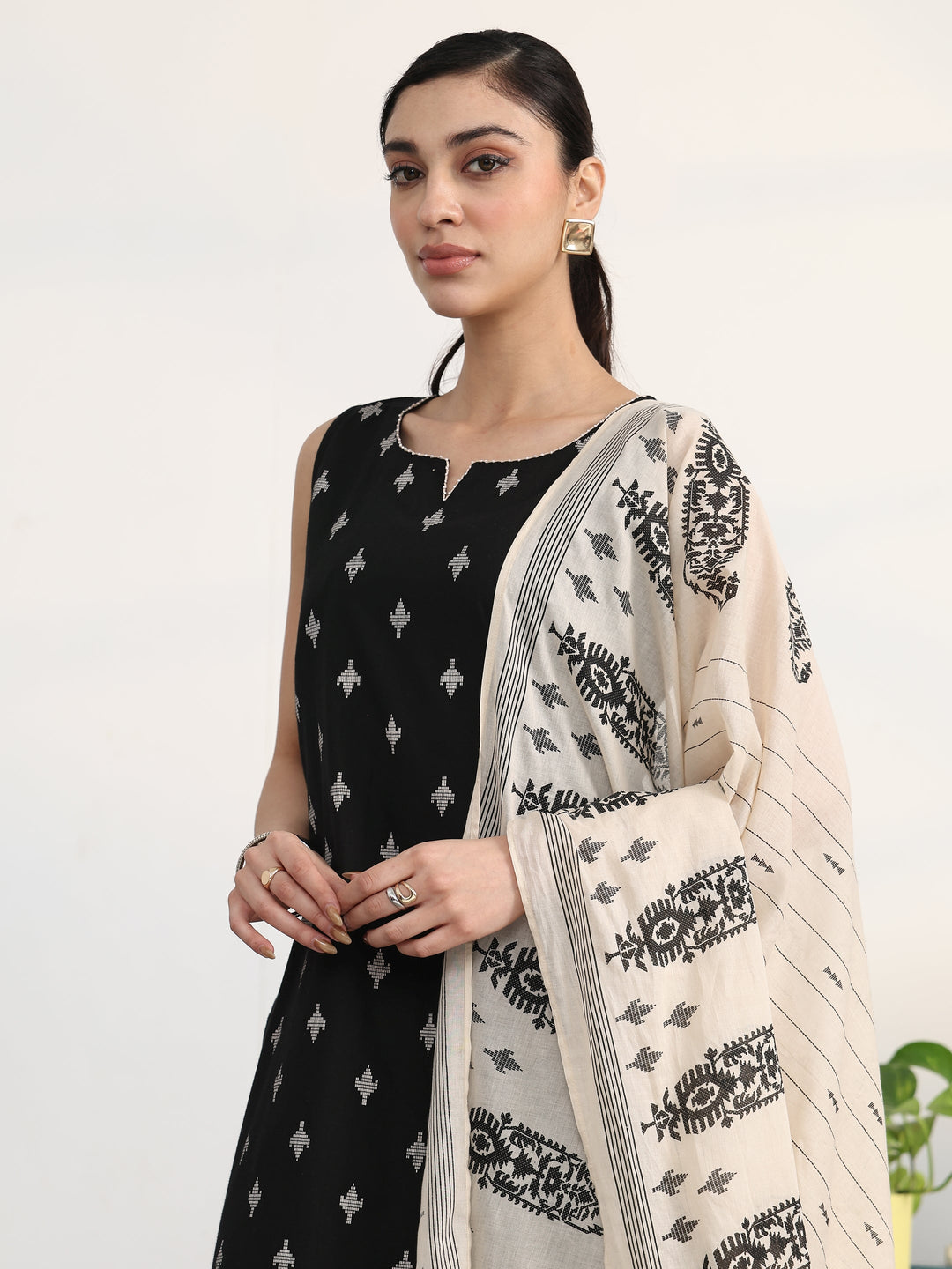  Black Ethnic Motifs Printed Cotton Blend Straight Suit Set With Dupatta 