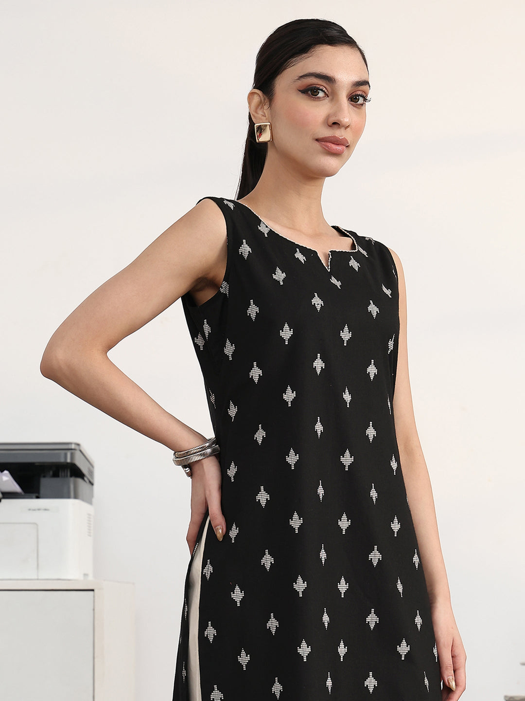  Black Ethnic Motifs Printed Cotton Blend Straight Suit Set With Dupatta 