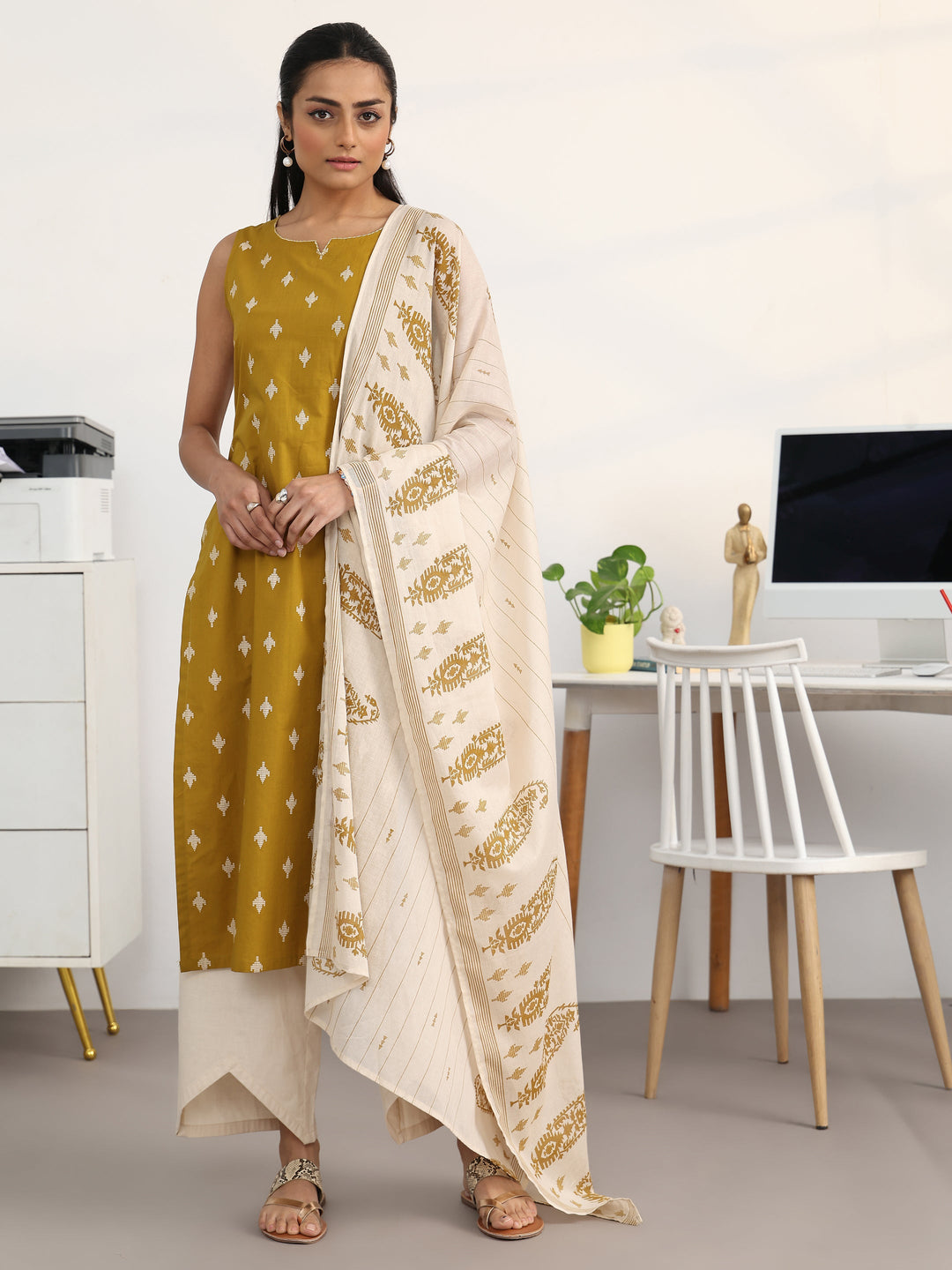  Mustard Ethnic Motifs Printed Cotton Blend Straight Suit Set With Dupatta 