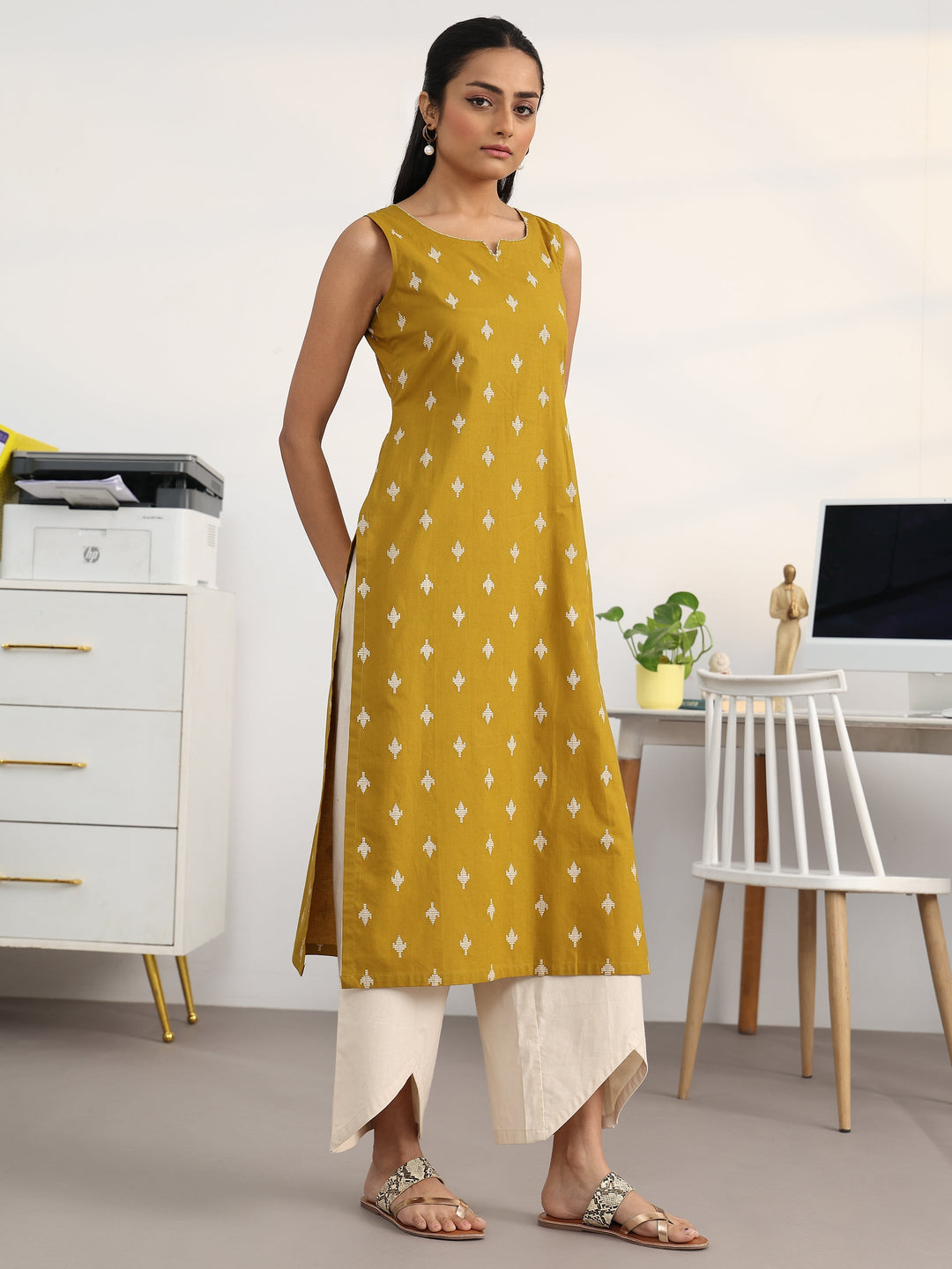  Mustard Ethnic Motifs Printed Cotton Blend Straight Suit Set With Dupatta 