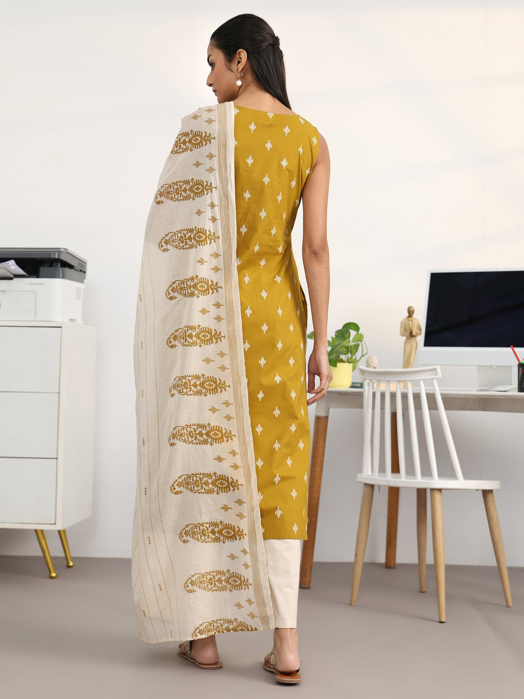  Mustard Ethnic Motifs Printed Cotton Blend Straight Suit Set With Dupatta 