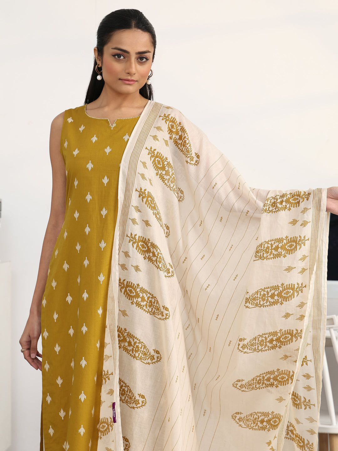  Mustard Ethnic Motifs Printed Cotton Blend Straight Suit Set With Dupatta 