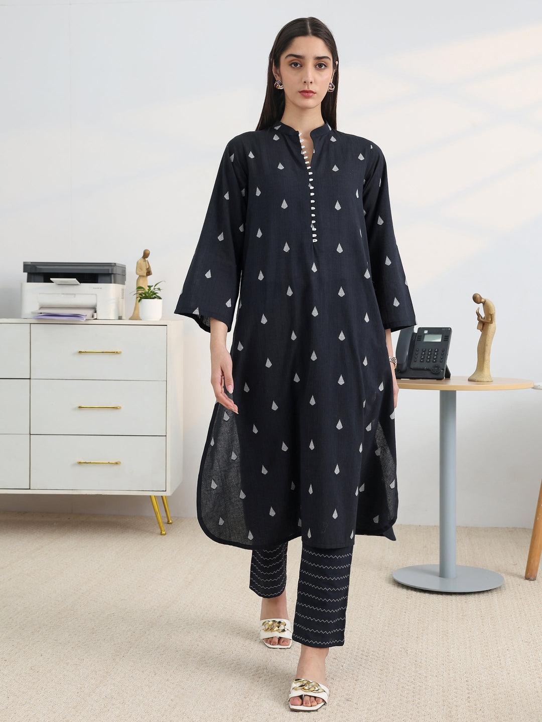  Black Woven Design Cotton Blend A-Line Kurta Set 