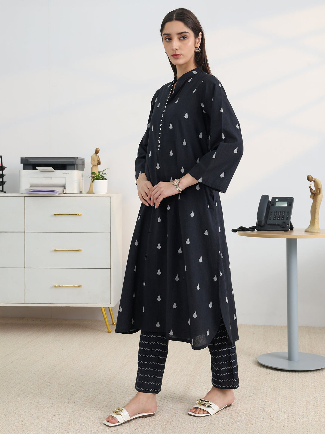  Black Woven Design Cotton Blend A-Line Kurta Set 