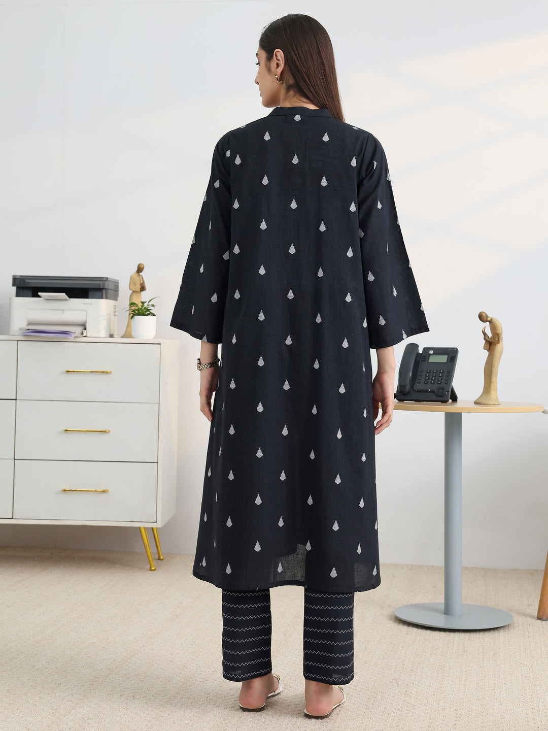  Black Woven Design Cotton Blend A-Line Kurta Set 