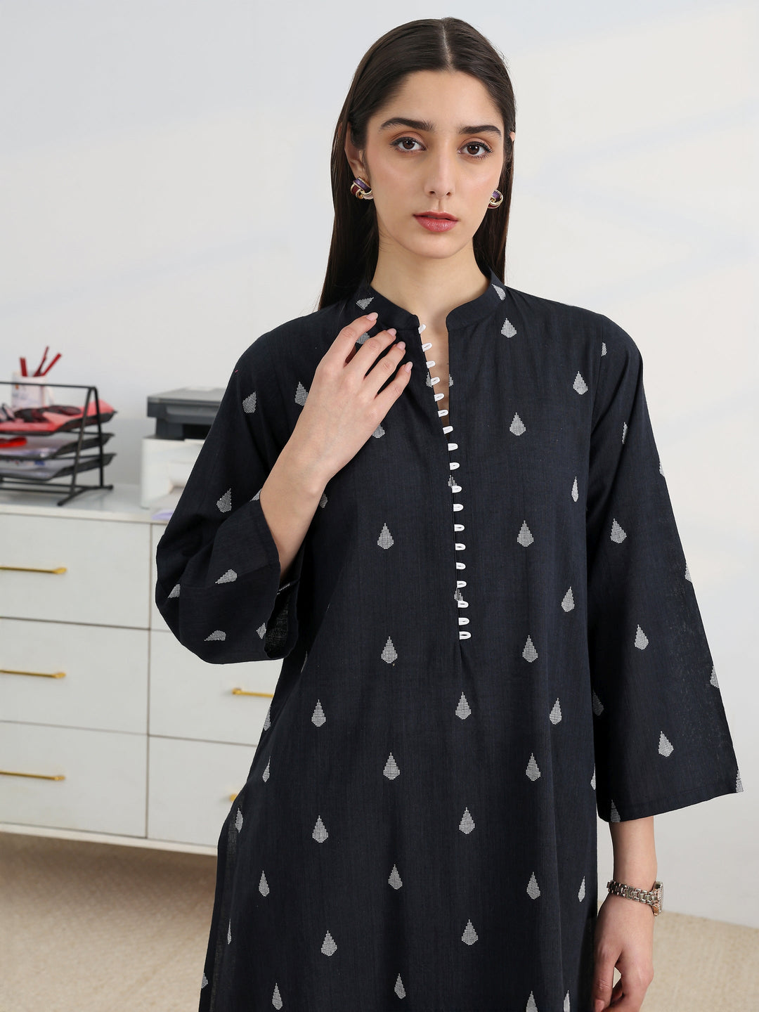  Black Woven Design Cotton Blend A-Line Kurta Set 