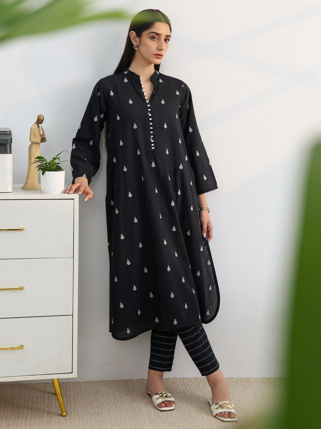  Black Woven Design Cotton Blend A-Line Kurta Set 