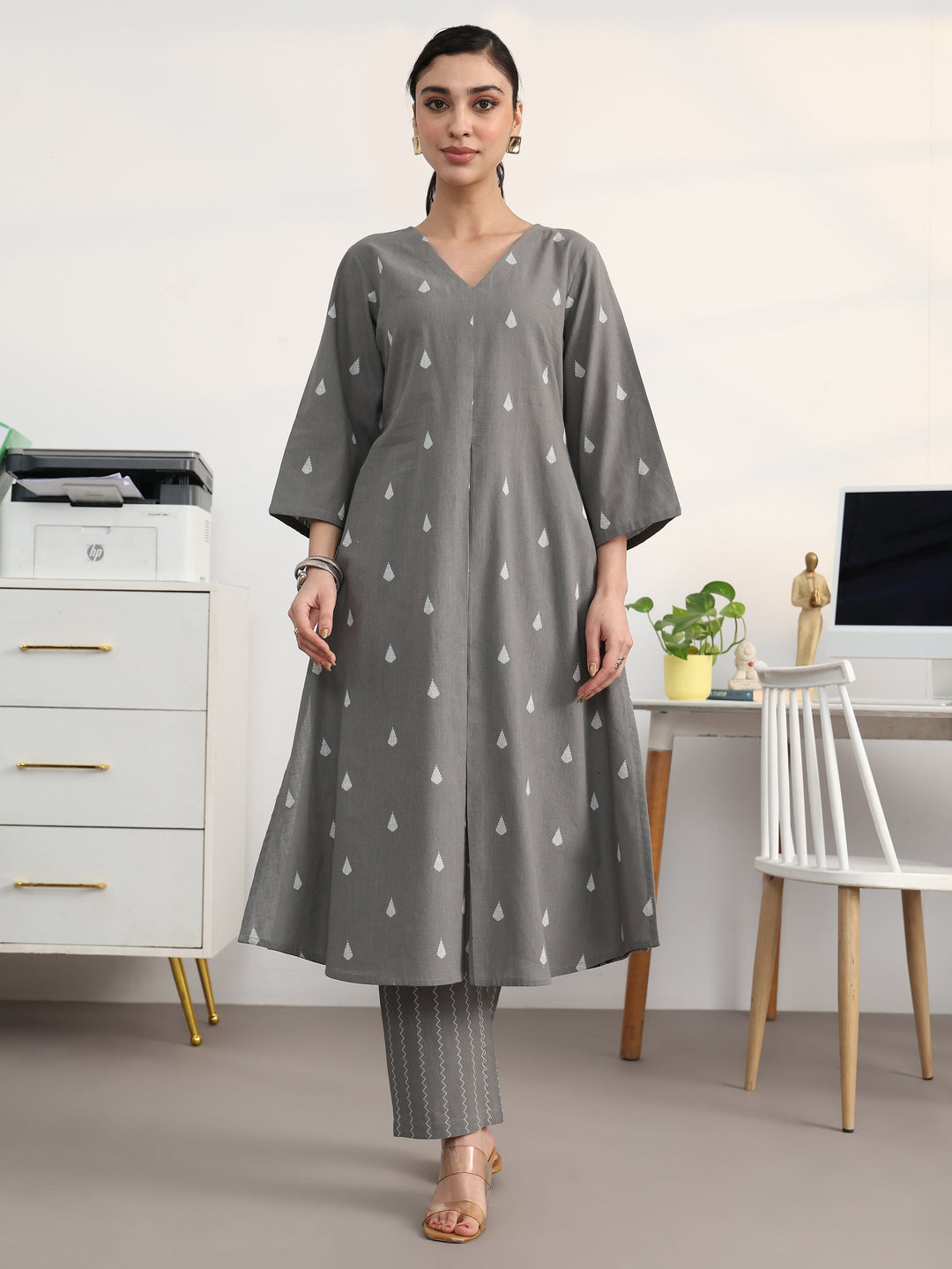  Grey Floral Woven Design Cotton Blend A-Line Kurta Set 