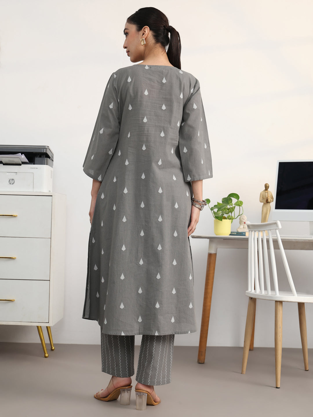  Grey Floral Woven Design Cotton Blend A-Line Kurta Set 