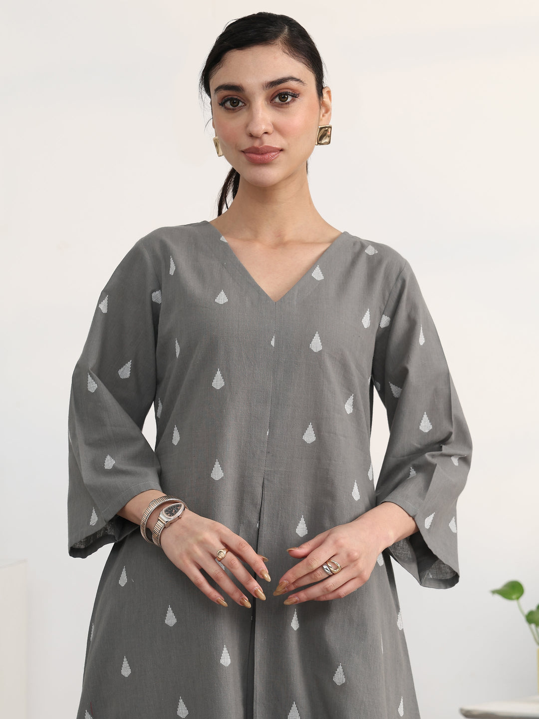  Grey Floral Woven Design Cotton Blend A-Line Kurta Set 
