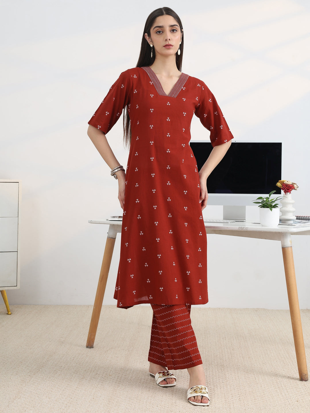  Red Woven Design Cotton Blend A-Line Kurta Set 
