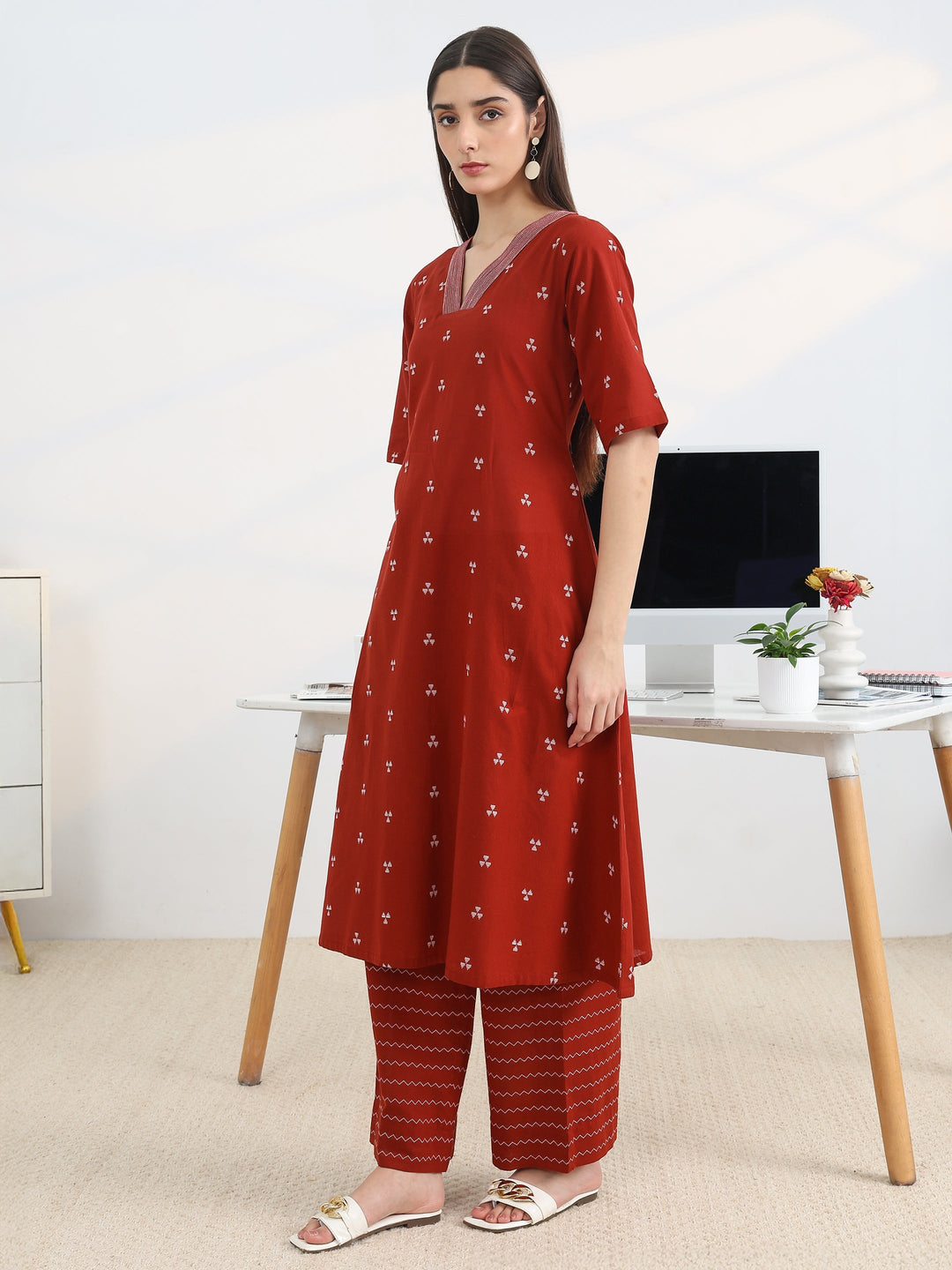  Red Woven Design Cotton Blend A-Line Kurta Set 