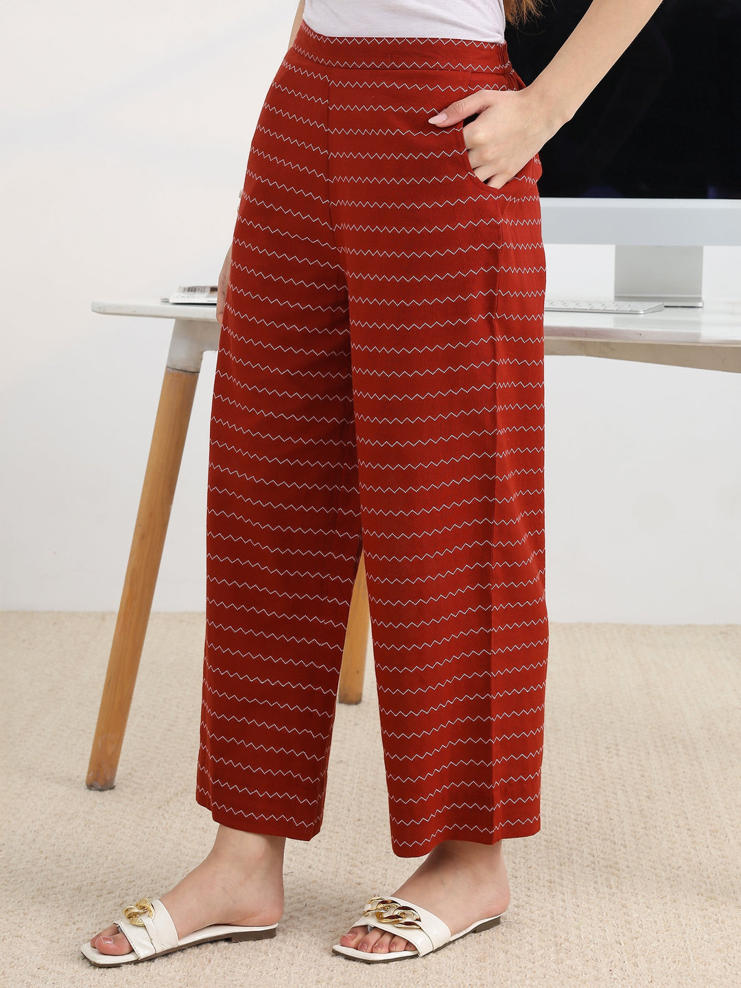  Red Woven Design Cotton Blend A-Line Kurta Set 